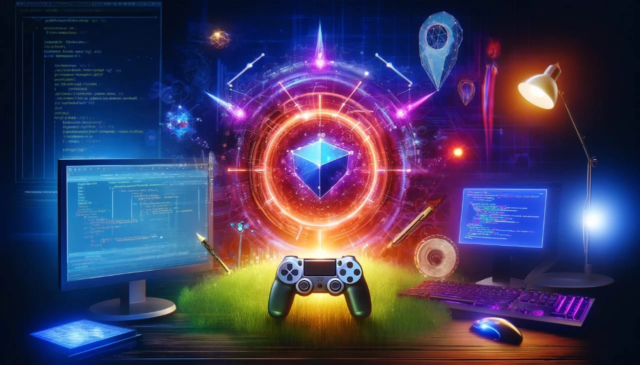 Students learning game development, including 3D design, coding, and interactive gameplay creation